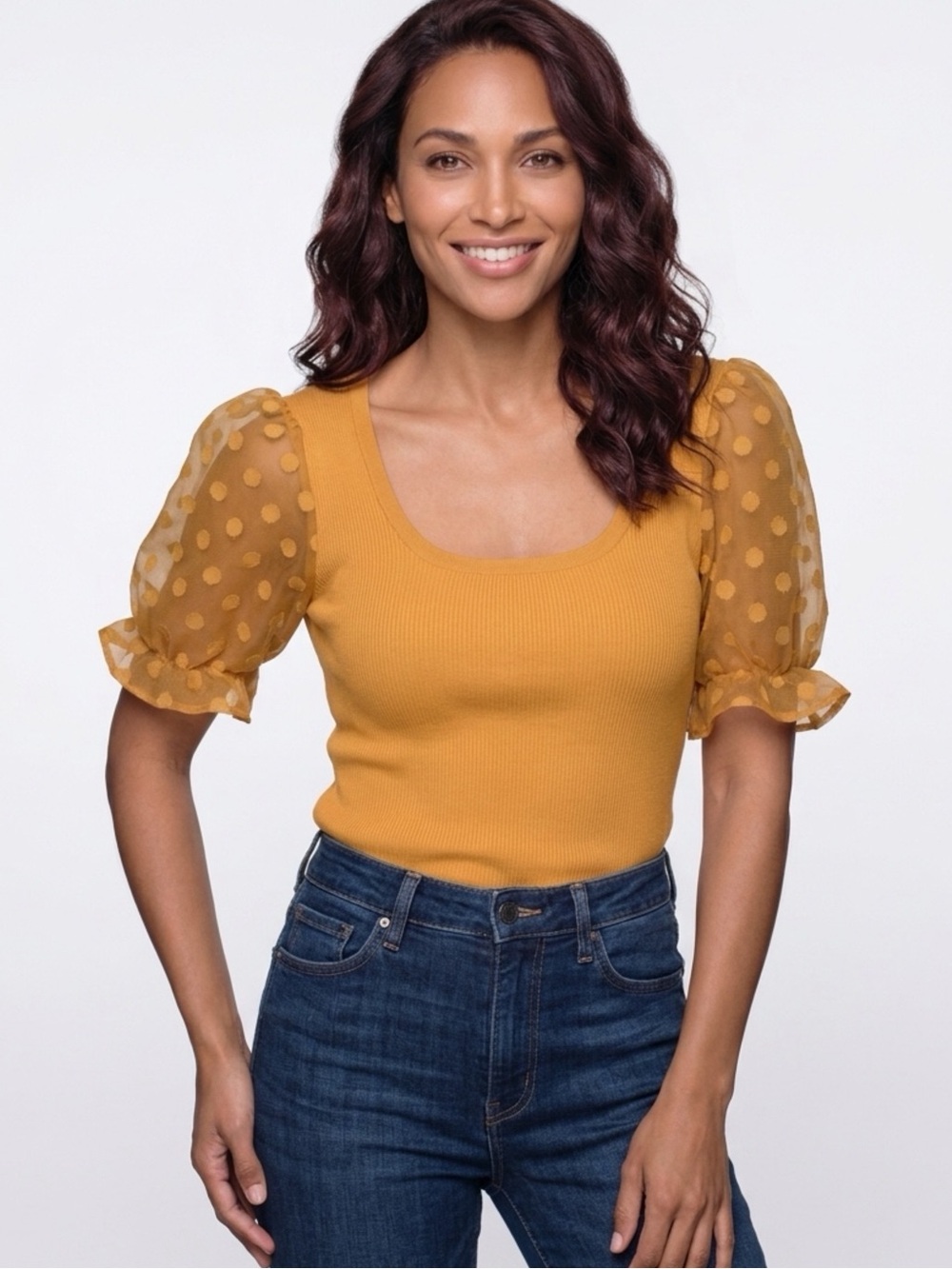 entro Mustard Scoop Neck Ribbed Polka Dot Puff Sleeve Top